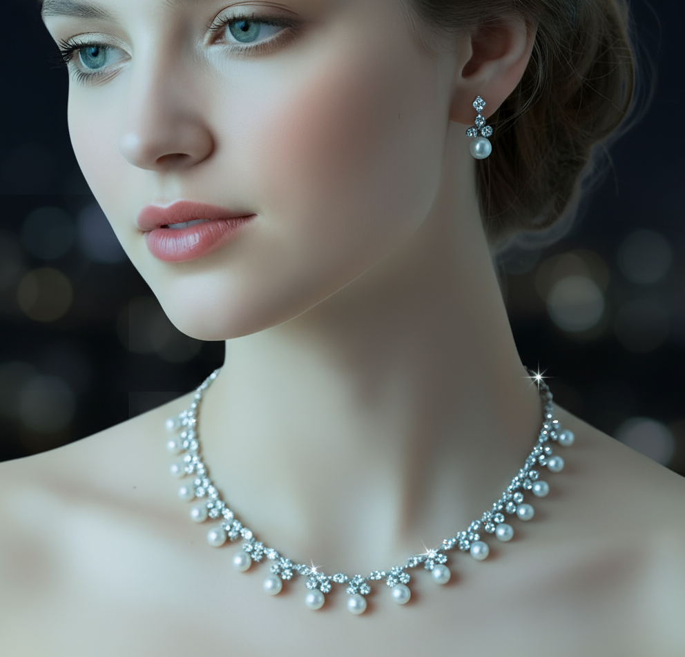 Graceful pearls and diamond jewelry Set