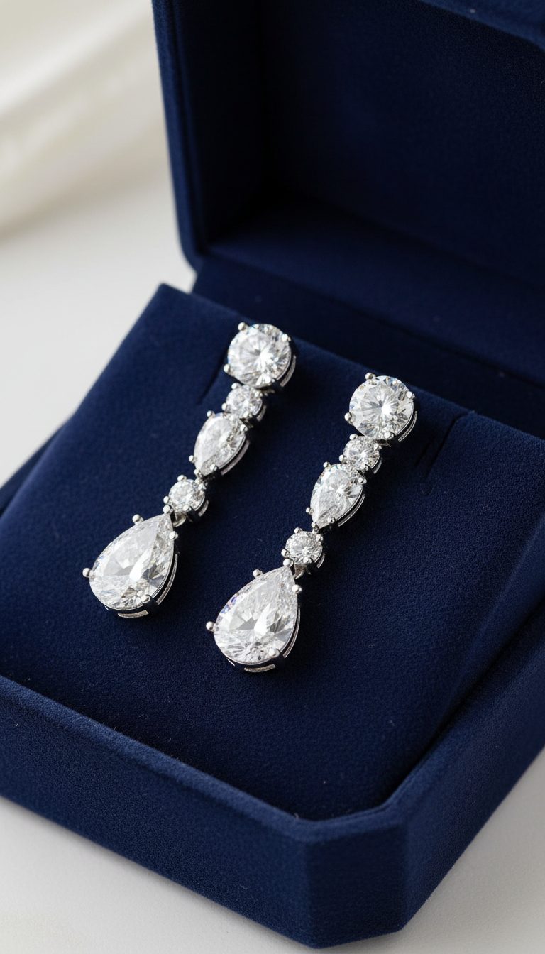 Multi-cut Diamond drop Earring. Teardrop. Sterling Silver