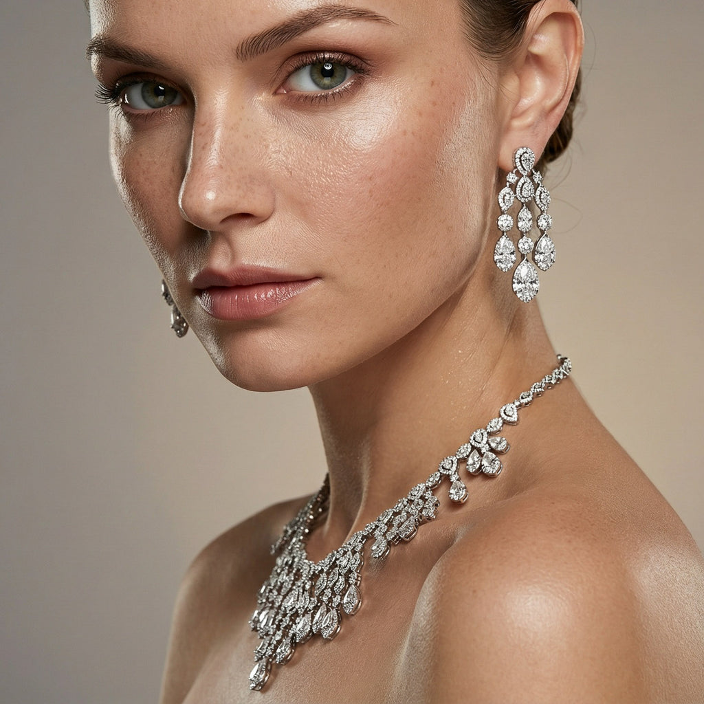 Teardrop Bridal Jewelry Set. Formal Attire. Wedding guest. Mother of the Bride. Platinum.