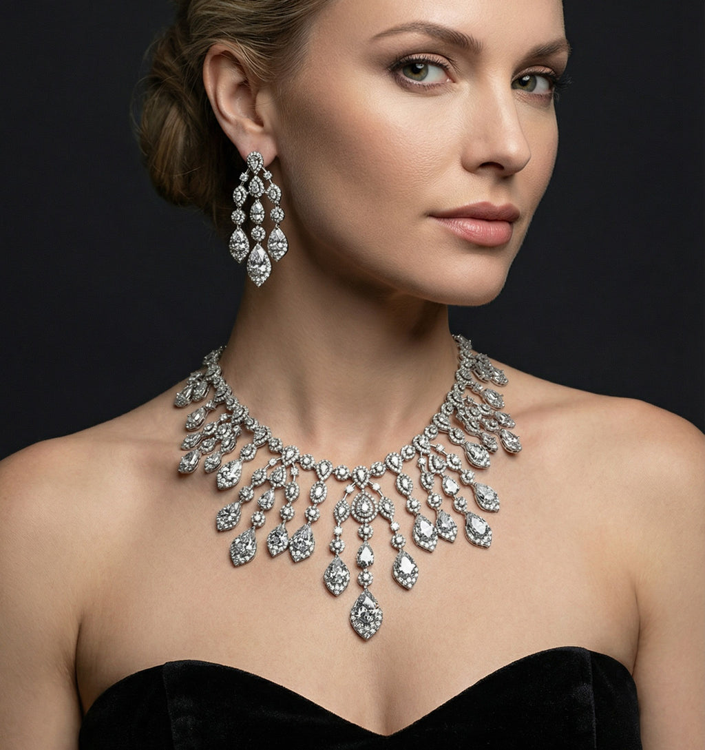 Teardrop Bridal Jewelry Set. Formal Attire. Wedding guest. Mother of the Bride. Platinum.