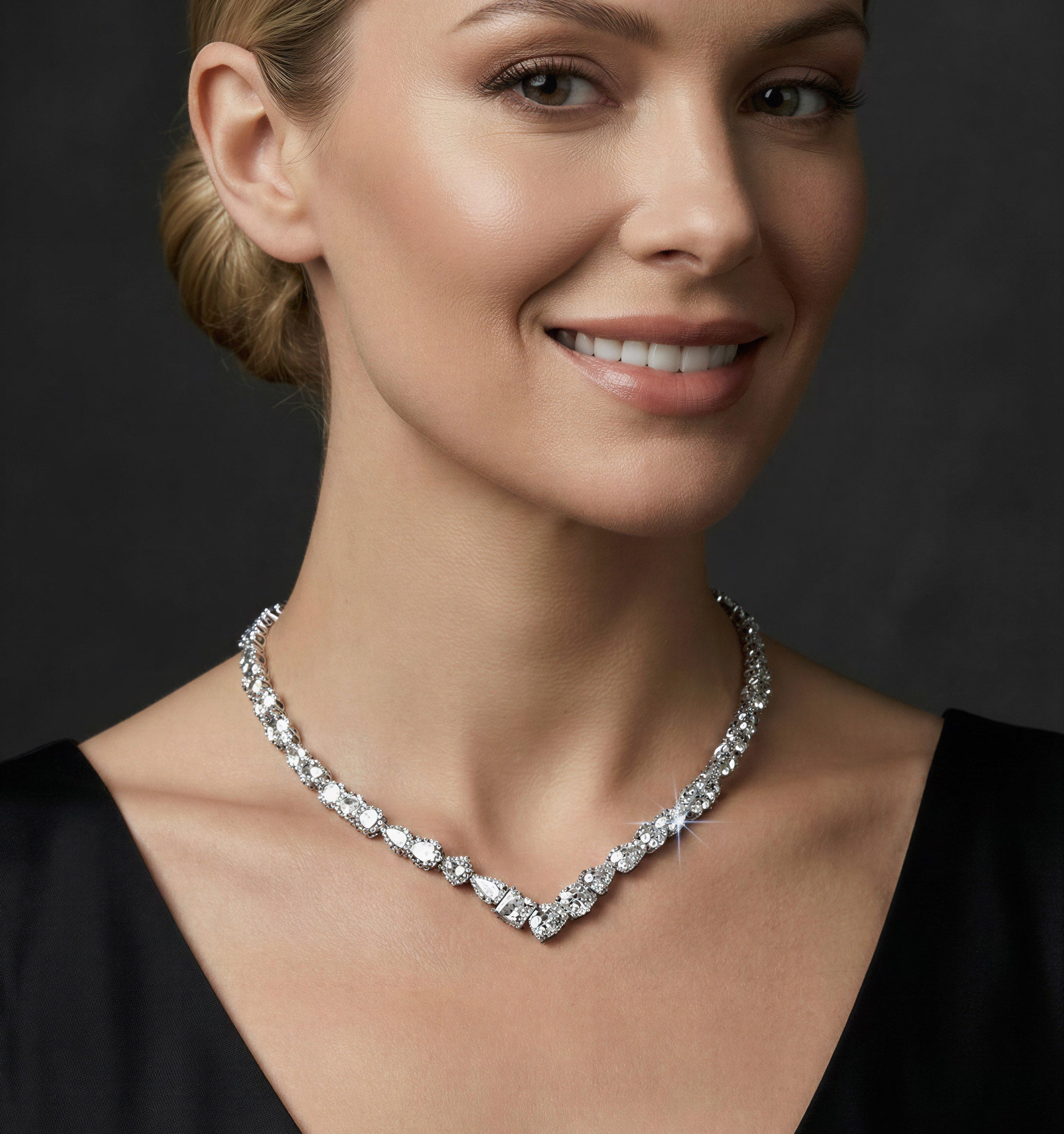 Crystal V Necklace. Mixed Cuts Cubic Zirconia.