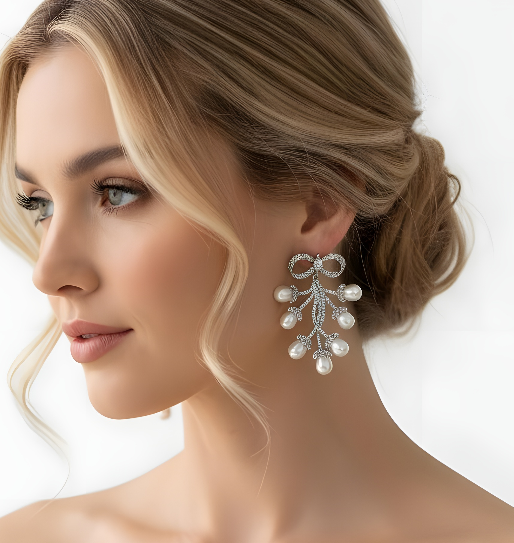 Glowing Ribbon Pearl Bridal Earrings