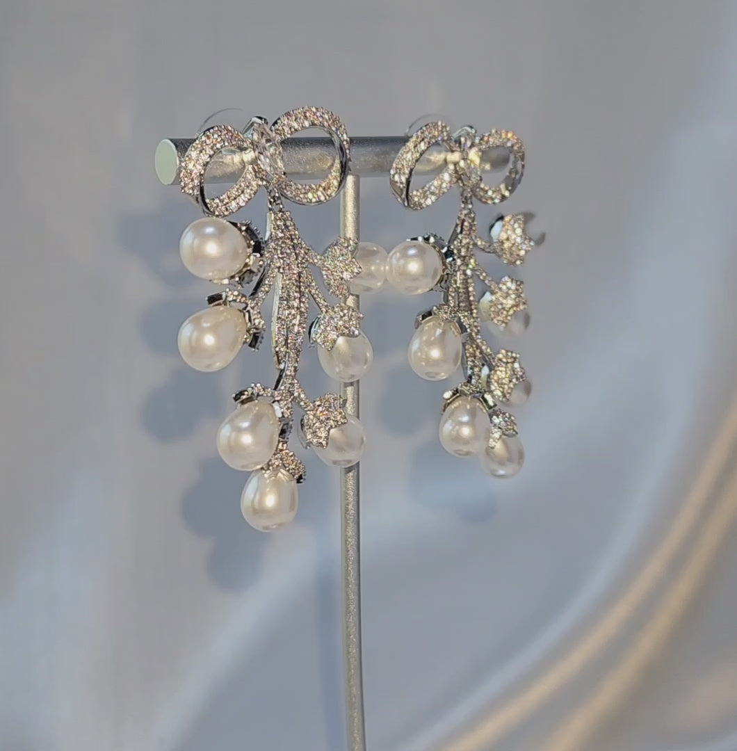 Glowing Ribbon Pearl Bridal Earrings